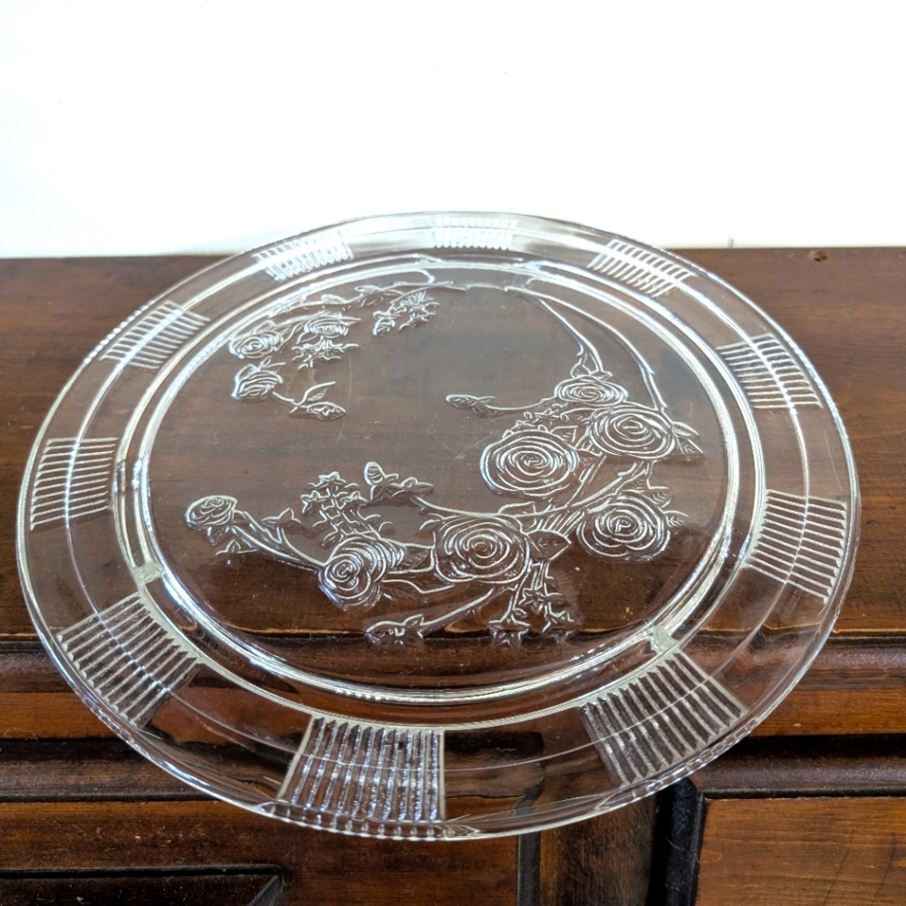 Vintage Federal Glass Sharon Clear Footed Cake Plate Rose Of Sharon Cabbage Rose